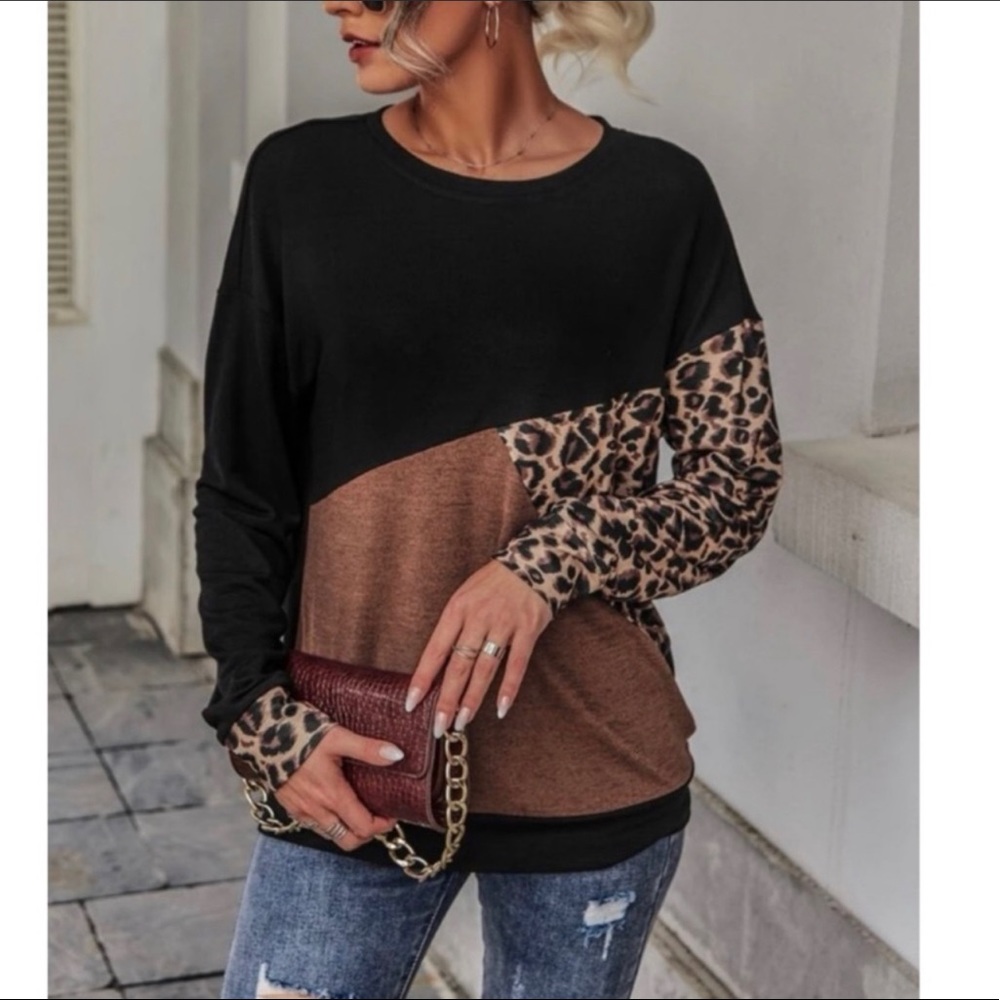 Leopard Print Long Sleeve Multicolor Colorblock Lightweight Sweatshirt - Picture 2 of 5
